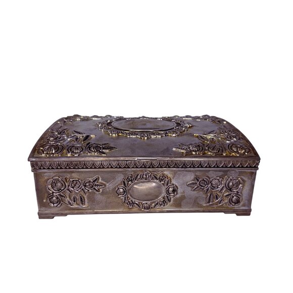 Vintage Godinger Silver Plate Jewelry Box with Roses and Red Velvet Interior - Picture 2 of 11